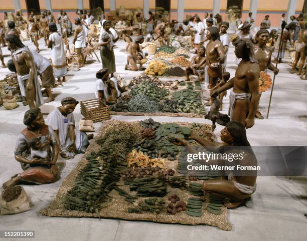 Reconstruction of the market place at Tenochtitlan, Mexico. Aztec.