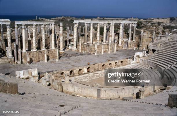 The theatre at Leptis Magna, Built in AD 1-2 in typical Augustinian style, it was subsequently renovated by the emperor Caracalla . Libya....