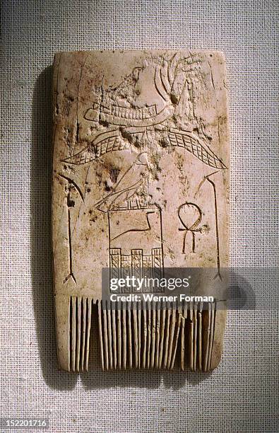 Ivory comb, Incised in the centre is a serekh with the Horus hawk perching on top and the name of King Djet written inside. It is flanked by two was...