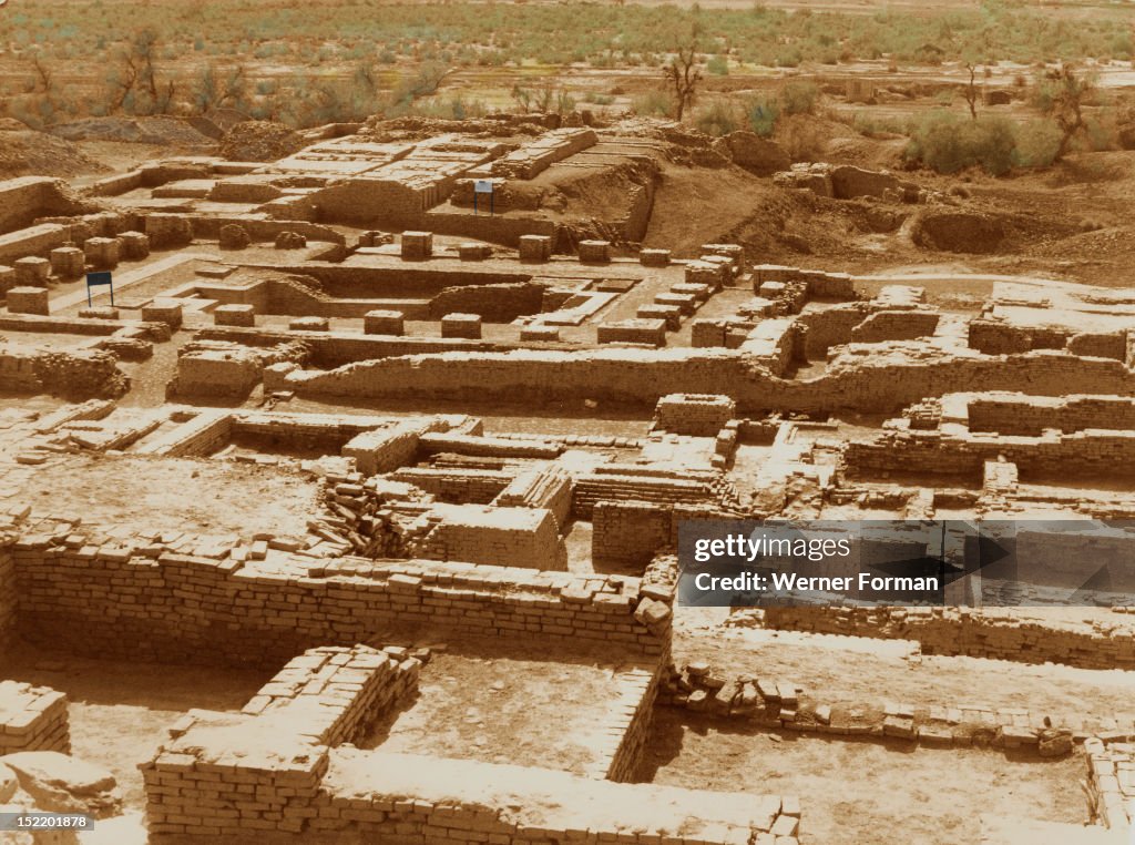 View from East to West of the Citadel of Mohenjo Daro with the baths and the granary in the background