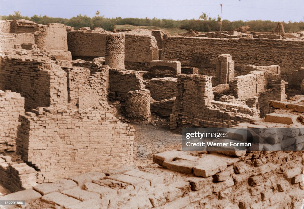 View of the north part of the site of Mohenjo Daro showing the residential district with wells