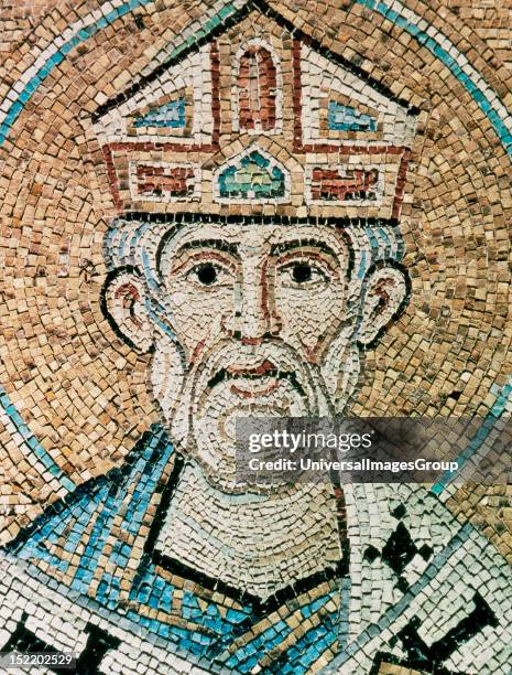 Pope Sylvester I , Mosaic in the Baptistery of St, Mark's Basilica, dating between XII-XIV centuries, Venice, Italy.