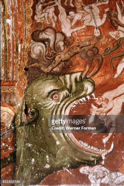 Detail of mural at church in Huaro, An Inca puma represented as a Christian devil beast devouring sinners in hell. A fascinating example of the...
