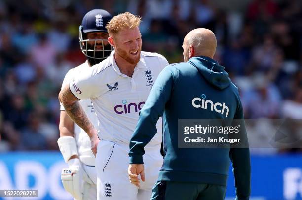 England captain Ben Stokes has treatment from the team physiotherapist during Day Two of the LV= Insurance Ashes 3rd Test Match between England and...