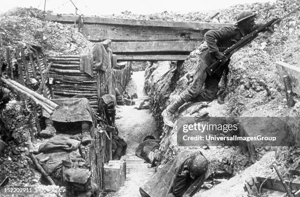 World War I , Battle of the Somme fought between the German army and Franco-British troops, British trenches, Men of the 11th battalion, The Cheshire...
