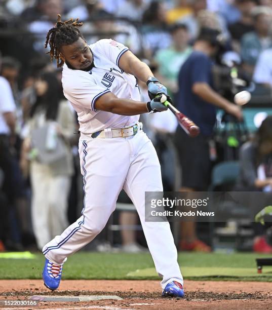 Vladimir Guerrero Jr. Of the Toronto Blue Jays competes in the final round of the MLB All-Star Home Run Derby on July 10 at T-Mobile Park in Seattle,...