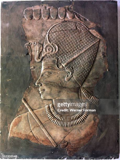 Relief depicting the Pharaoh Amenhotep III wearing the Blue Crown , From the tomb of the Royal Scribe Khaemhet . Ancient Egypt ,Ancient Egyptian New...