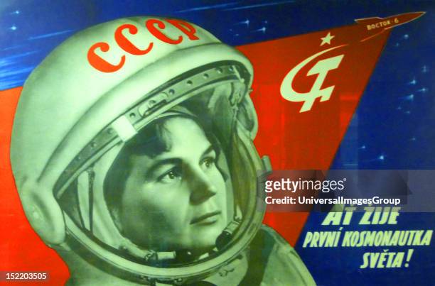 Soviets in Space poster, 1963. 'Long live the world's first female cosmonaut', a Soviet poster celebrating Valentina Tereshkova who orbited the Earth...