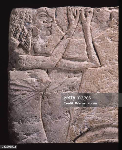 Amarna relief fragment depicting musicians and dancers, Egypt. Ancient Egyptian. 18th dynasty Amarna period. Amarna.