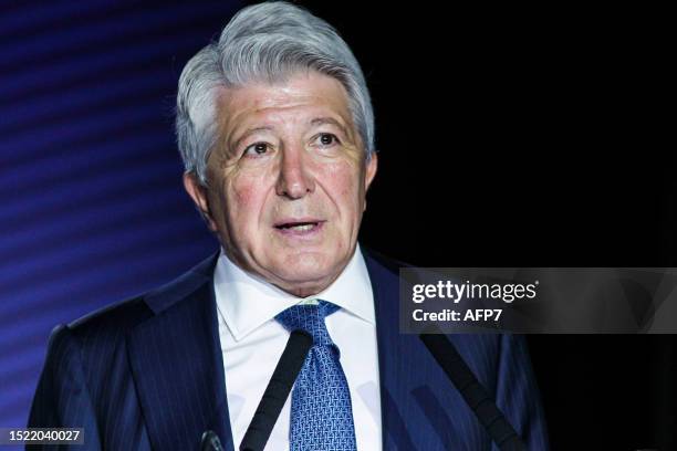 Enrique Cerezo, President of Atletico de Madrid, attends during the presentation of Cesar Azpilicueta as new player of Atletico de Madrid celebrated...