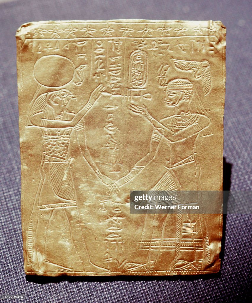Incised gold plaque depicting a Meroitic king honouring the Egyptian god Horus
