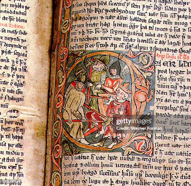 This marginal illumination from the Saga of Saint Olaf shows his death at the battle of Stiklestad in 1030, 14th century, Viking This marginal...