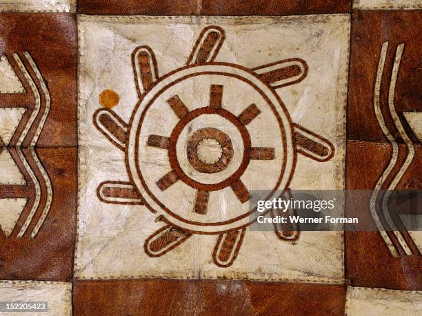 Detail of a rug made of animal skin squares, Eskimo.