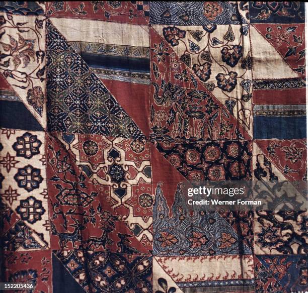 Detail of a cotton batik kain with imitation patchwork design, copying the garments of poor priests, Indonesia. Javanese 20th c Java .
