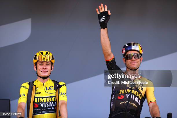 Jonas Vingegaard of Denmark - Yellow leader jersey and Wout Van Aert of Belgium and Team Jumbo-Visma prior to the stage seven of the 110th Tour de...