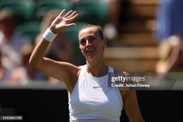 Petra Kvitova of Czech Republic celebrates winning match point against Aliaksandra Sasnovich in the Women's Singles second round match during day...