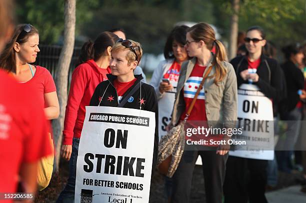 Striking Chicago public school teachers picket outside of George Westinghouse College Prep high school on September 17, 2012 in Chicago, Illinois....