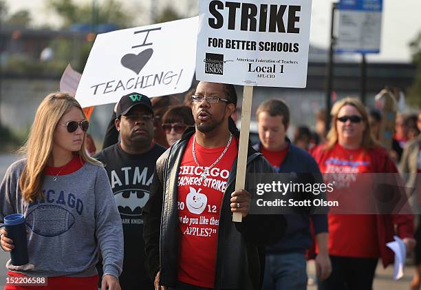 Striking Chicago public school teachers picket outside of George Westinghouse College Prep high school on September 17, 2012 in Chicago, Illinois....