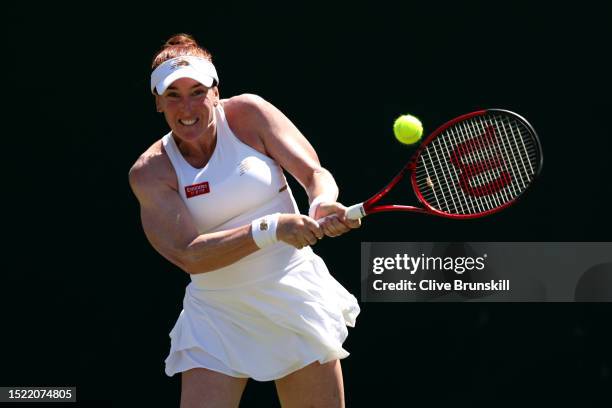 Madison Brengle of United States plays a backhand against Ekaterina Alexandrova in the Women's Singles second round match during day five of The...