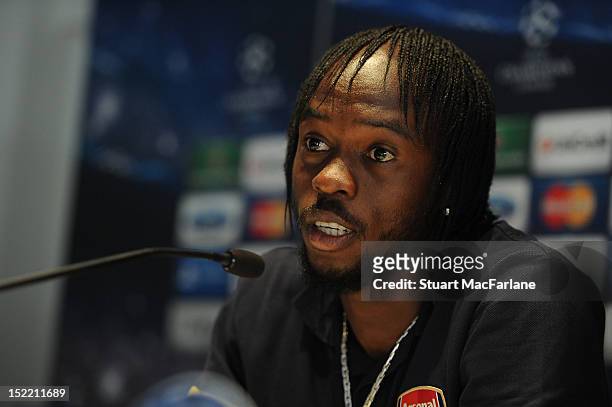Gervinho of Arsenal during a press conference ahead of their UEFA Champions League Group match against Montpellier Herault SC at Stade de la Mosson...