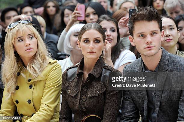 Suki Waterhouse, Olivia Palermo and Jeremy Irvine attend the Burberry Spring Summer 2013 Womenswear Show Front Row at Kensington Gardens on September...
