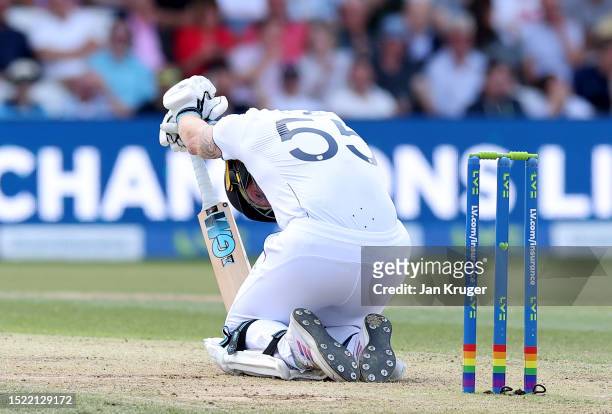 England captain Ben Stokes reacts after hit by a ball from Mitchell Starc of Australia during Day Two of the LV= Insurance Ashes 3rd Test Match...
