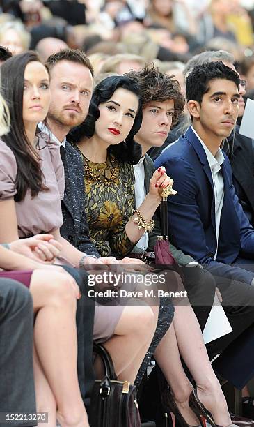 Victoria Pendleton, Aaron Paul, Dita Von Teese, Harry Styles and Dev Patel attend the Burberry Spring Summer 2013 Womenswear Show Front Row at...