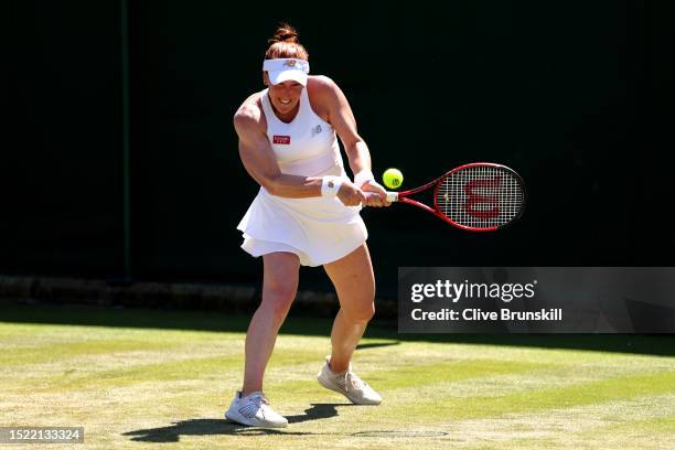 Madison Brengle of United States plays a backhand against Ekaterina Alexandrova in the Women's Singles second round match during day five of The...