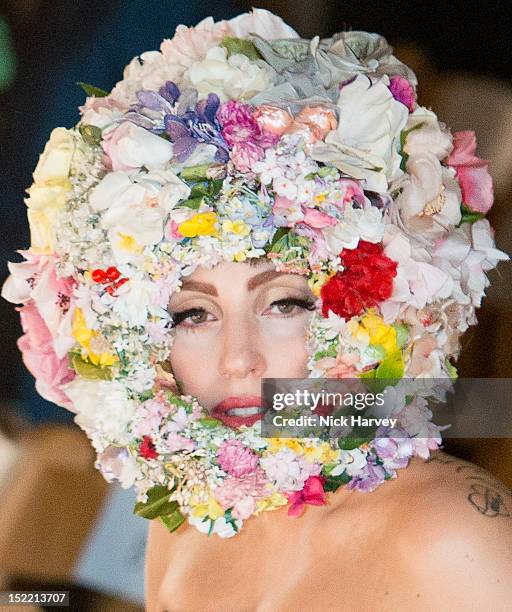 Lady Gaga attends the front row for the Philip Treacy show on day 3 of London Fashion Week Spring/Summer 2013, at The Royal Courts Of Justice on...