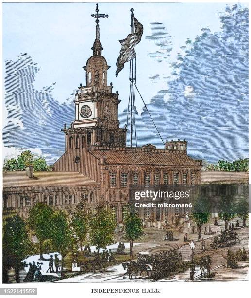 old engraved illustration of view of independence hall in philadelphia, pennsylvania, usa - independence hall - fotografias e filmes do acervo