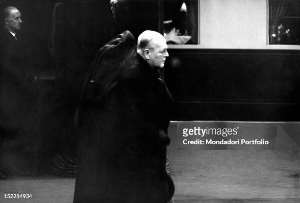 The wife of the British ex-prime minister Winston Churchill Lady Clementine attending the funeral of her husband with her son Randolph Churchill....