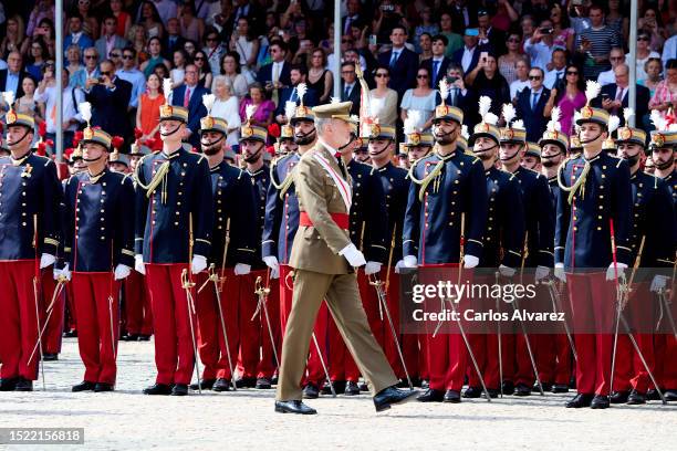 King Felipe VI of Spain attends the delivery of Royal offices of employment at the General Military Academy on July 07, 2023 in Zaragoza, Spain.