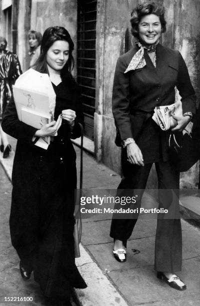 The Swedish actress Ingrid Bergman taking a stroll with her daughter Isabella Rossellini. Rome, 1971.