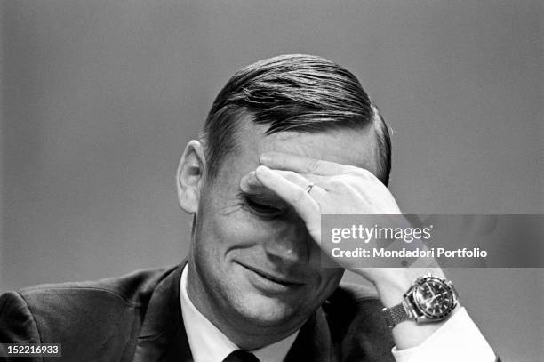 Close-up of the astronaut Neil Armstrong: Apollo 11 moon landing program has required Armstrong, Aldrin and Collins years of training and sacrifices....