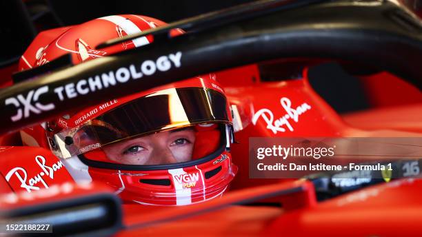 Charles Leclerc of Monaco and Ferrari prepares to drive in the garage during practice ahead of the F1 Grand Prix of Great Britain at Silverstone...