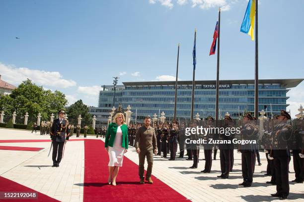 Ukrainian president Volodymyr Zelensky and Slovak president Zuzana Caputova inspect Slovak honor guard amid the arrival of Ukrainian president on...