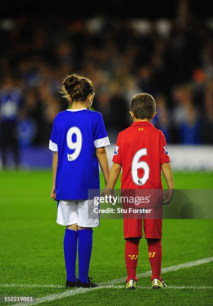 Liverpool and Everton mascots pay tribute to the Hillsbrough 96 before the Premier League match between Everton and Newcastle United at Goodison Park...