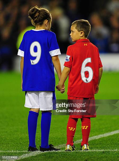 Liverpool and Everton mascots pay tribute to the Hillsbrough 96 before the Premier League match between Everton and Newcastle United at Goodison Park...