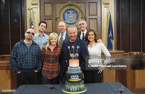 Actors Ice-T, Danny Pino, Kelli Giddish and Dann Florek, writer/creator Dick Wolf, and actors Richard Belzer and Mariska Hargitay attend the "Law And...