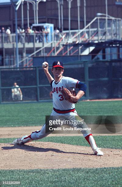 Nolan Ryan of the California Angels pitches during an American League game circa 1974 in an unspecified location.