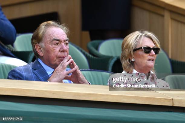 Composer Andrew Lloyd Webber and wife Madeleine Gurdon are seen in the Royal Box ahead of play during day five of The Championships Wimbledon 2023 at...