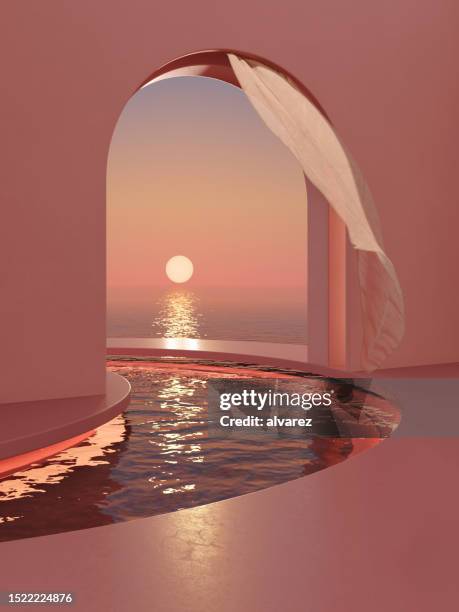 sunset view over the sea from the archway on the poolside - curtain blowing stock pictures, royalty-free photos & images