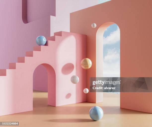 3d rendering of colourful walls with steps and geometric shapes - arch architectural feature stock pictures, royalty-free photos & images