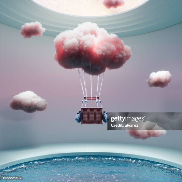 globo aerostático de nubes vuela sobre la piscina cubierta - sky web fotografías e imágenes de stock