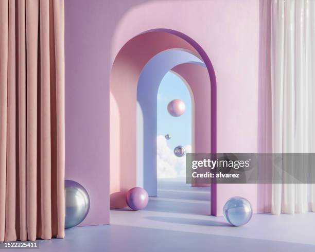 arco colorato con oggetti sferici lucidi - decentralizzazione foto e immagini stock