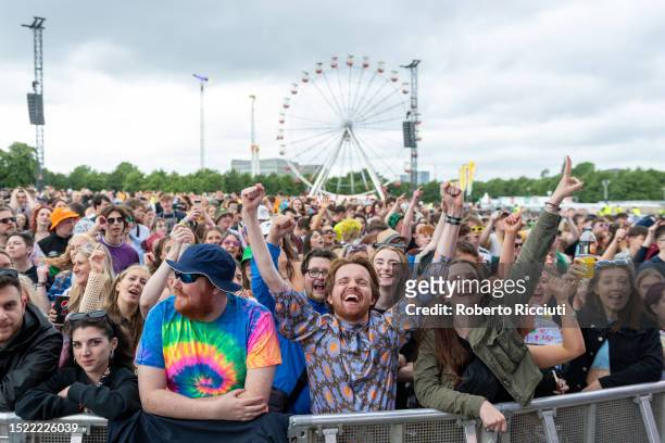 Music fans enjou Declan Welsh and the Decadent West performance on the first day of the TRNSMT Festival 2023 at Glasgow Green on July 07, 2023 in...