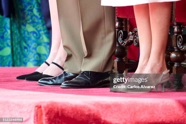 Crown Princess Leonor of Spain, King Felipe VI of Spain and Queen Letizia of Spain, shoes detail, attend the delivery of Royal offices of employment...