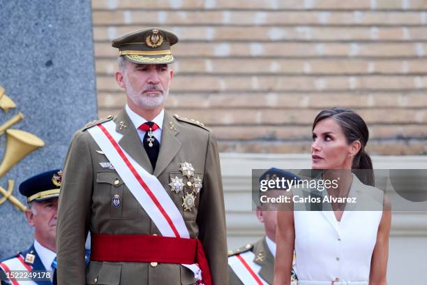 King Felipe VI of Spain and Queen Letizia of Spain attend the delivery of Royal offices of employment at the General Military Academy on July 07,...