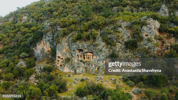 scenic aerial view of ancient city of pinara in the mountains of turkey - the lycian way in turkey stock pictures, royalty-free photos & images