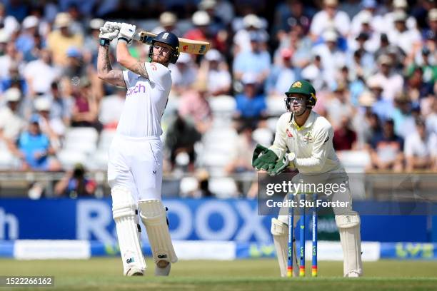 England captain Ben Stokes hits out for six runs watched by Australia wicketkeeper Alex Carey during Day Two of the LV= Insurance Ashes 3rd Test...